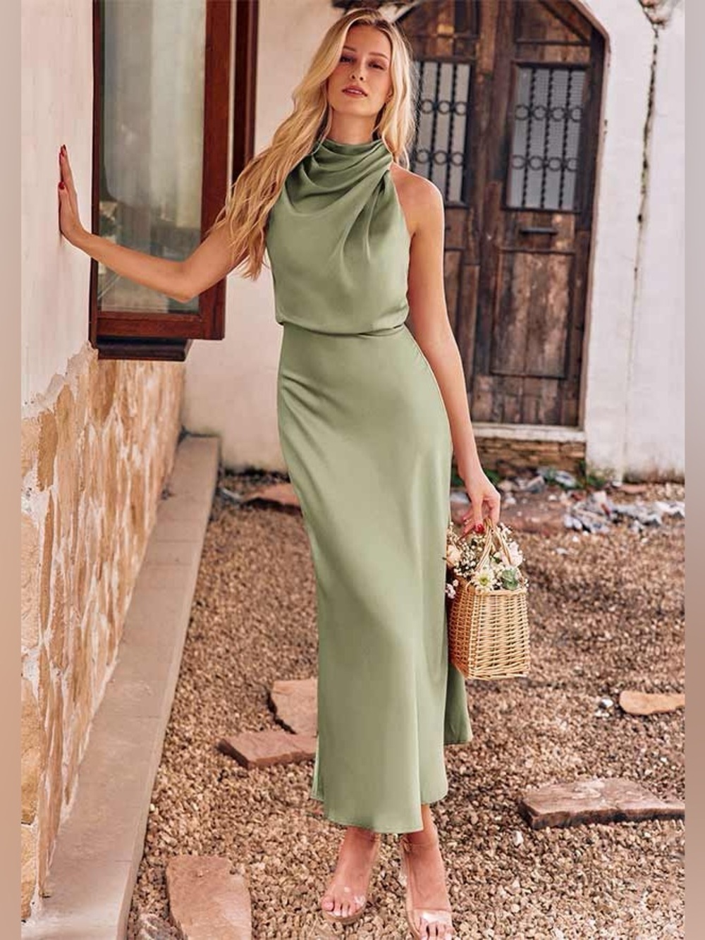 Hello Molly Sleek Olive Green Draped Neck Maxi Autumn Wedding Guest Dress Medium